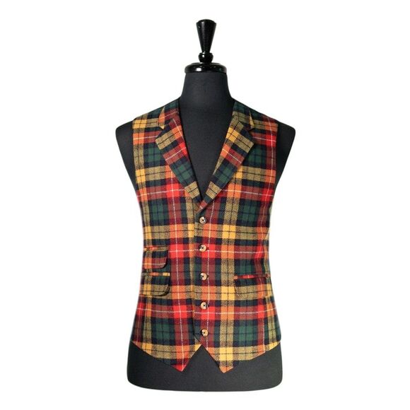 Mens 44R Wool Vest Red Yellow Green Tartan Plaid Waistcoat Formal Wedding Party - Picture 1 of 10